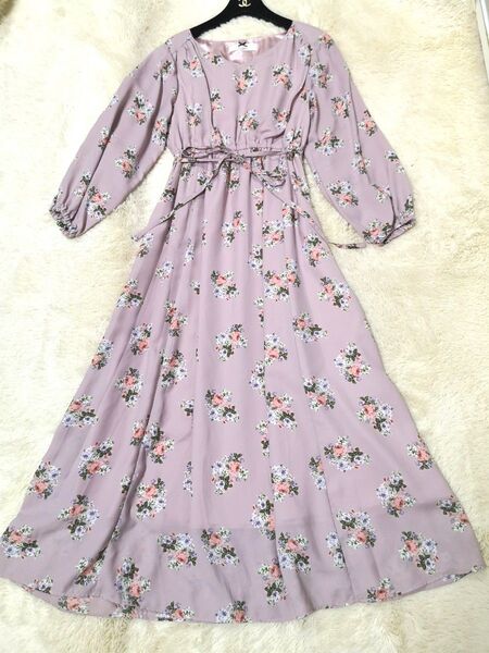 SUPREME LaLa 花柄 長袖 ワンピース フレア ロングワンピース