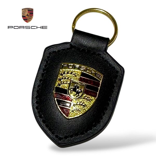 ポルシェ キーホルダー キーリング エンブレム レザー ブラック 新品