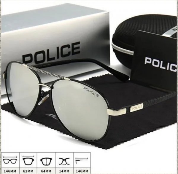 ニューPOLICEサングラス!新品未使用 色シルバー!並行輸入 レンズの高さ: 64 mm ノーズブリッジ: 14 mm レンズの幅: 62 mm