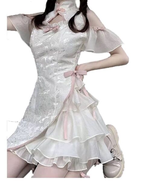 ホワイト レース フリル チャイナドレス チャイナ服 白