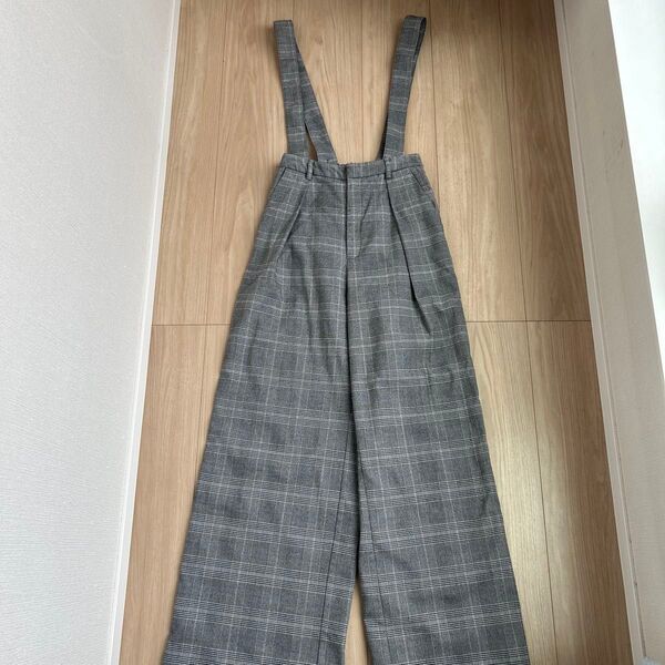 GU ジーユー チェック柄 ワイドパンツ サロペット グレー グレンチェック Sサイズ