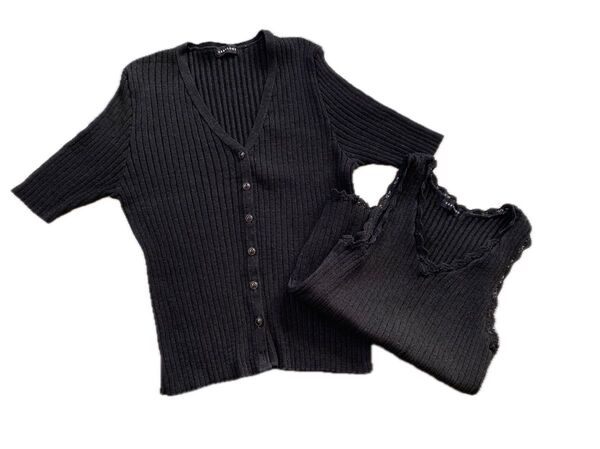 BABYLONE ブラックリブ編み半袖カーディガン&タンクトップ