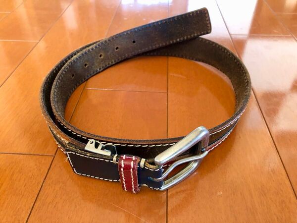 本革牛革肉厚レザーベルトメンズブラウン茶色&赤コンビ全長105cmサイズ80-90cm幅3.5cm♪(YS)