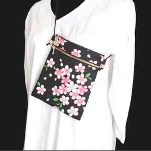 お祭りポシェット ダブルファスナー 桜柄 和柄 サコッシュ
