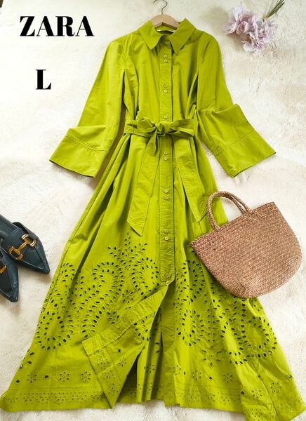美品 ZARA ロング丈 ベルト 刺繍 シャツワンピース