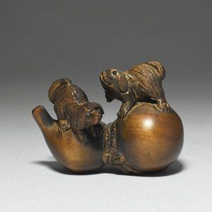 根付 瓢箪に犬 柘植 木彫品 木製 彫刻品 現品お渡し na07-a2-8