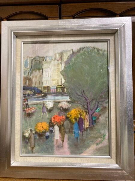 油彩画 油絵 肉筆画 風景(仮)セーヌ川の岸辺 作者不詳 F6