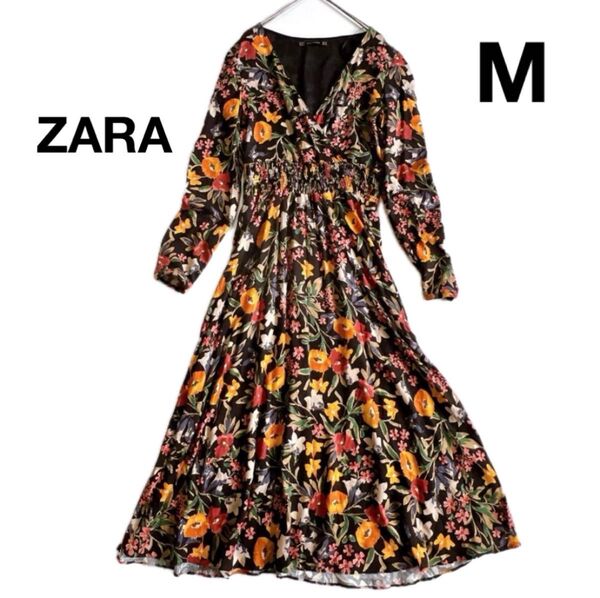 ZARA ボタニカルフラワー カシュクール ウエストシャーリングロングワンピース