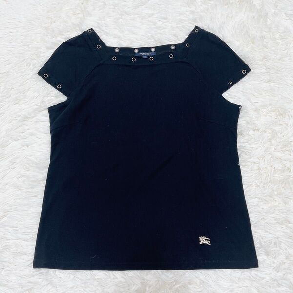 バーバリーロンドン カットソー Tシャツ パンチング スクエアネック フレンチスリーブ ホース刺繍 黒 ブラック BURBERRY