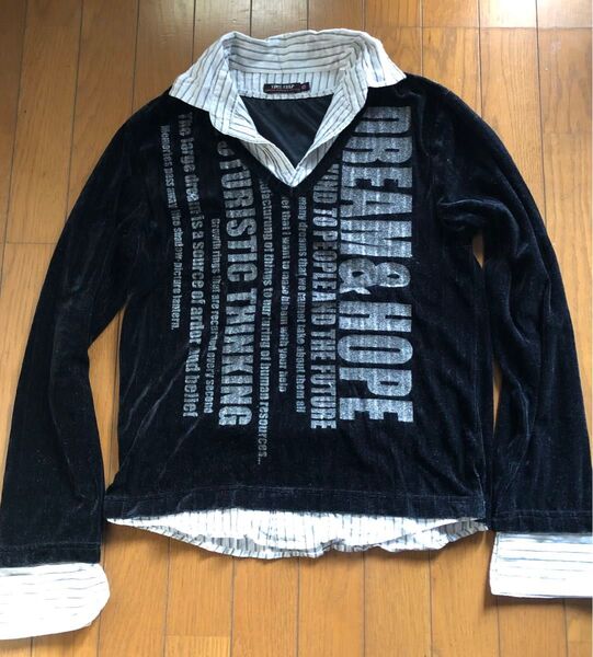 レイヤード風 ベロアカットソー 黒 M