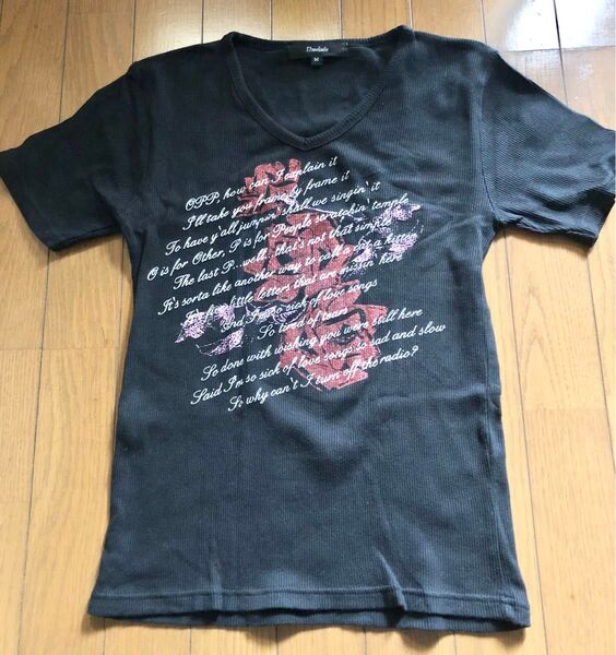 英字プリント リブTシャツ ブラック M