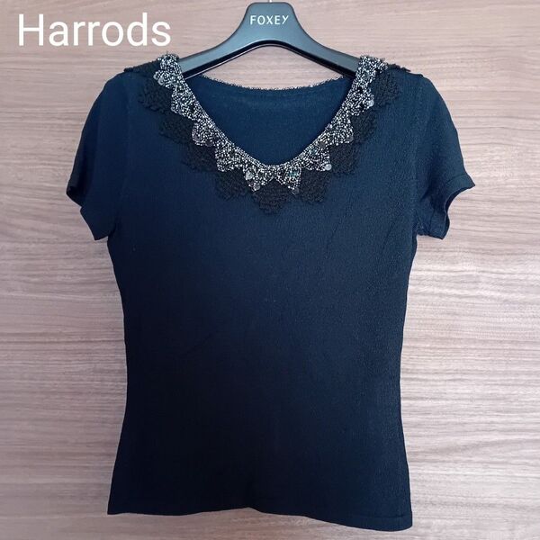 【Harrods ハロッズ】レース ビーズ パール 装飾 半袖 ニット ブラック