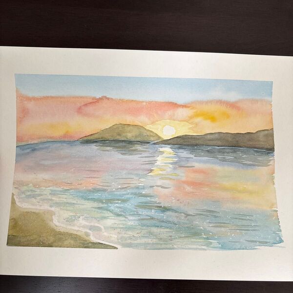 手描きの水彩画 夕焼けの海 296mmX210mm