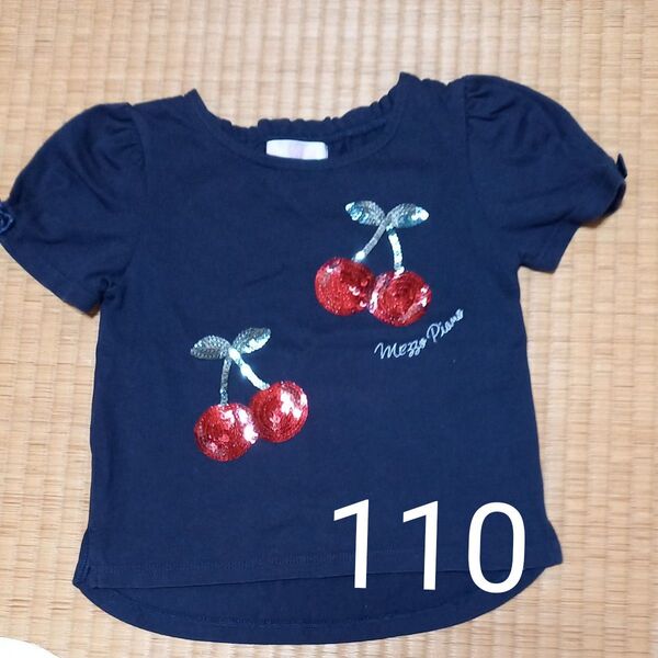メゾピアノ 110 Tシャツ 紺色 スパンコール さくらんぼ リボン 半袖