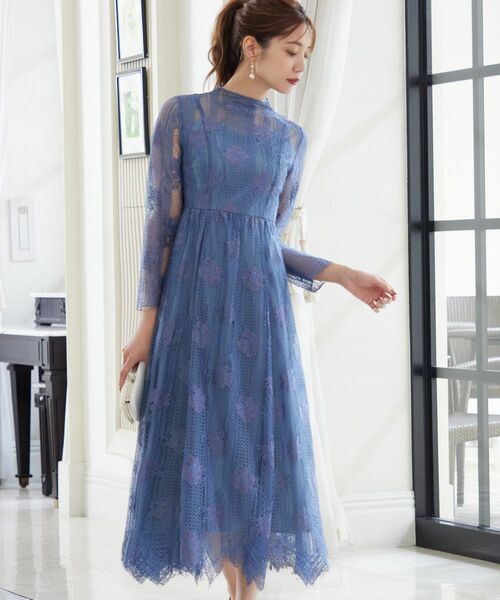 美品◆GIRL 総レーススカラップフレアロングワンピースドレス M 結婚式