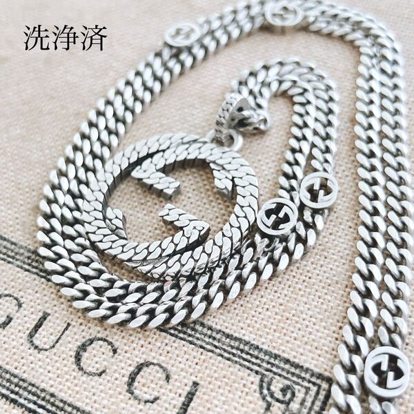 希少*グッチ GUCCI 925 ネックレス シルバー メンズ 1143 アクセサリー 喜平チェーン インターロッキング