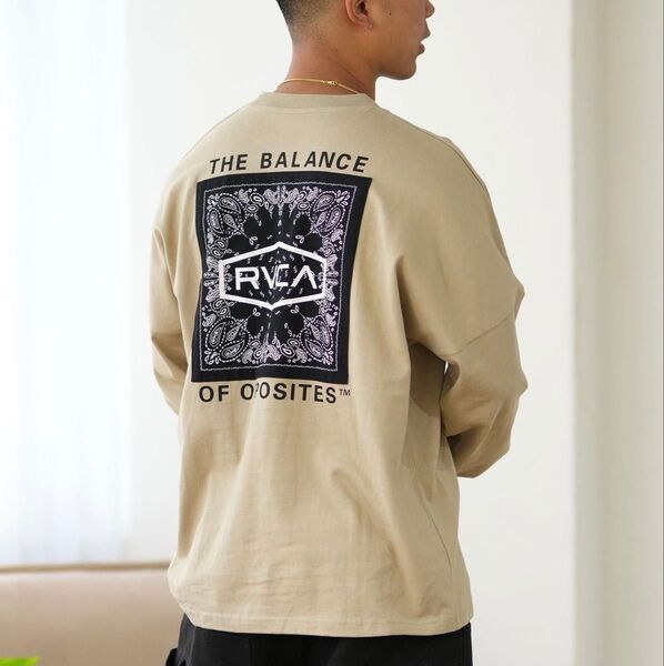 新品未使用訳あり RVCA/ルーカ 2025春夏厚手長袖Tシャツ ロンT バックBIGワッペン ペイズリー柄 男女兼用 ベージュM