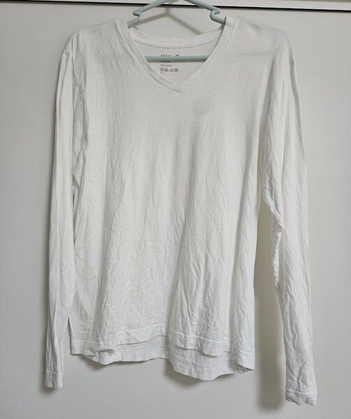 ライトオン 長袖 Tシャツ ロンT Vネック 綿100% メンズ S 白色 ベーシックインナー