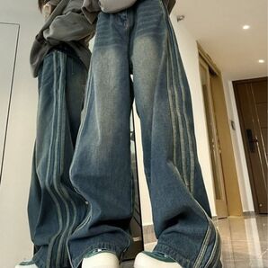 【CANVAS+】配色ラインステッチデニムパンツ Mサイズ