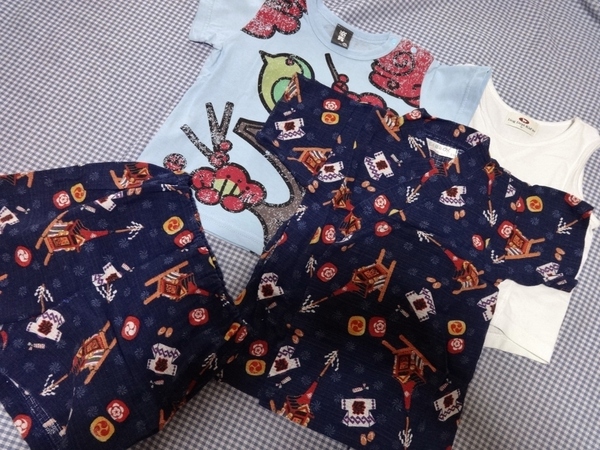 お祭りじんべい KIDS【 95 cm 】+和柄Tシャツ, タンクトップセット 祇園山笠博多どんたく鉾車 BABY夏服