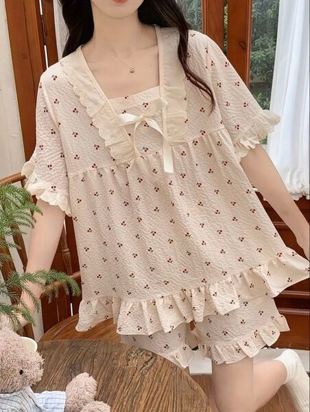 フリル付き小花柄ルームウェアセット セットアップ L