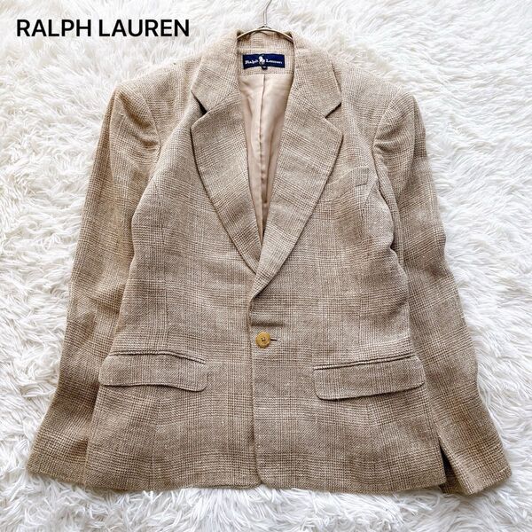 【美品】ラルフローレン テーラードジャケット ベージュ シルク リネン 9 RALPH LAUREN チェック レディース 上着