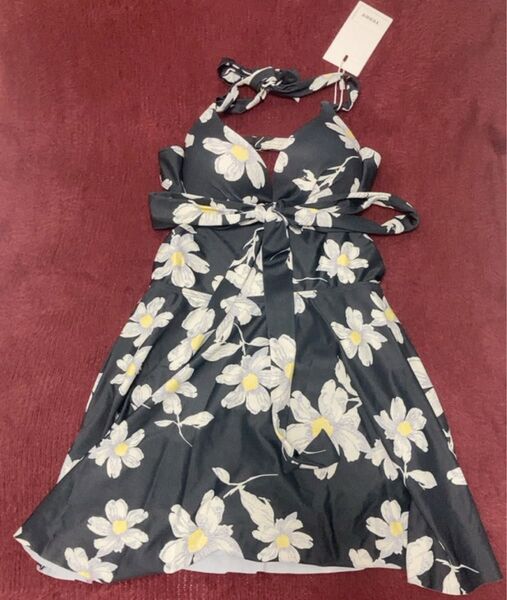 レディース水着 シアーチュールトップス 花柄ホルターネックバック ワンピース スイムウェア ブラック 黒