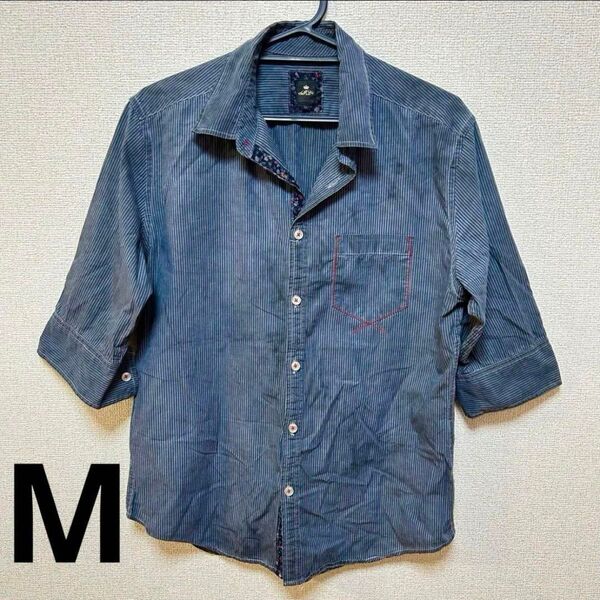 メンズ 七分袖 花柄シャツ ストライプ ムラ加工 染め シャツ セマンティック 長袖シャツ 長袖 M