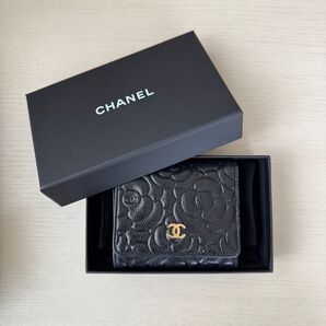 CHANEL カメリア ブラック レザー 三つ折り財布
