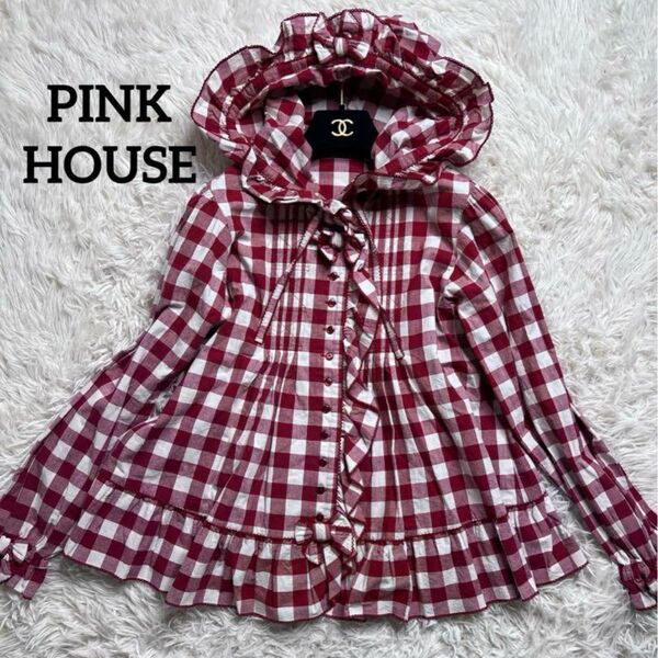 極美品 PINK HOUSE フード付き ブロックチェック リボン ブラウス