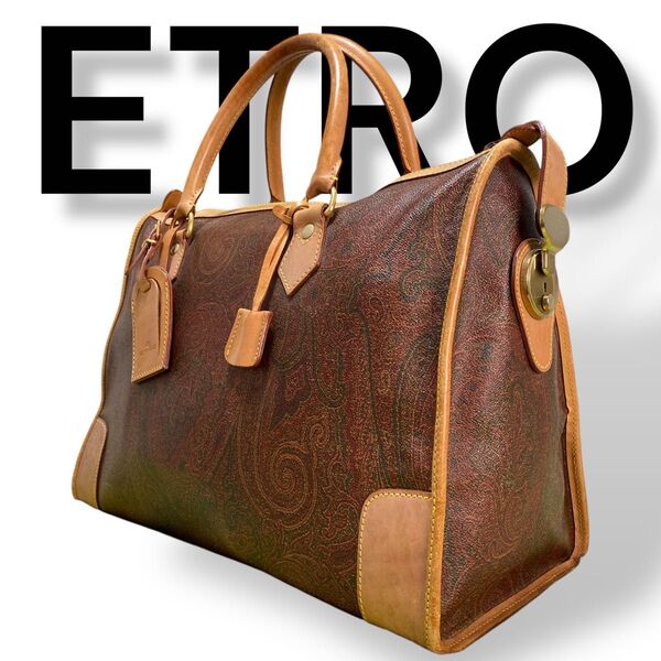 ETRO エトロ ポストンバッグ PVC 鍵付き ペイズリー柄 中型 ブラウン