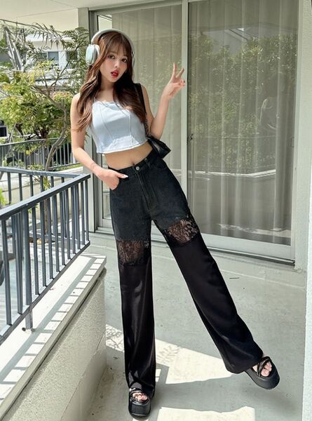 GRL デニムレースツイル異素材ドッキングパンツ qu122