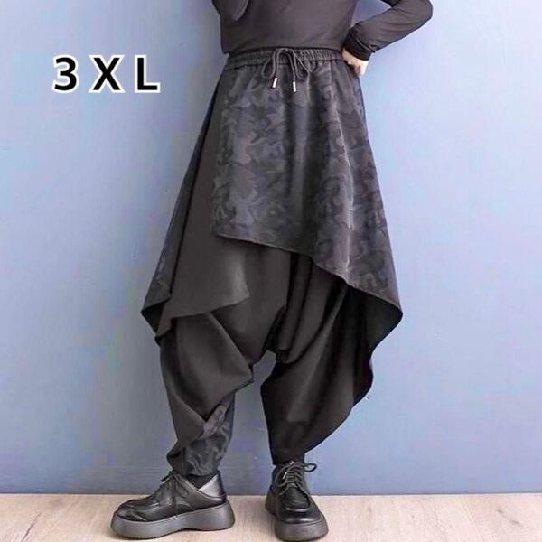 袴パンツ サルエル ワイド メンズ ズボン 迷彩 レイヤード 黒 アシンメトリー