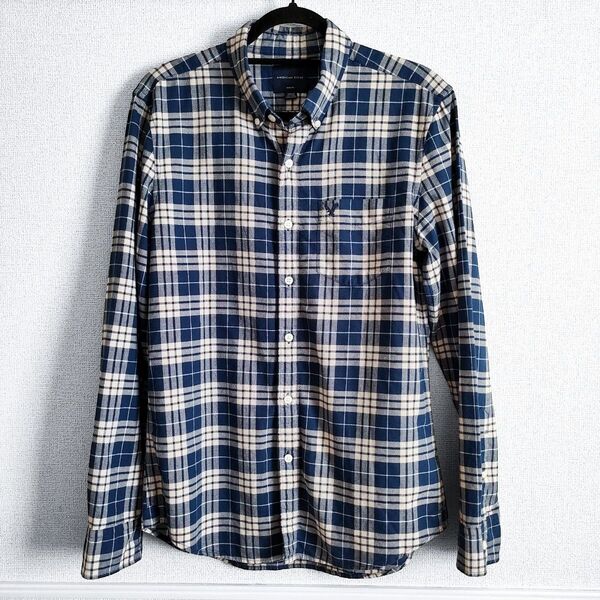 AMERICAN EAGLE アメリカンイーグル シャツ 長袖 チェック柄 メンズ Mサイズ ネイビー&ライトベージュ