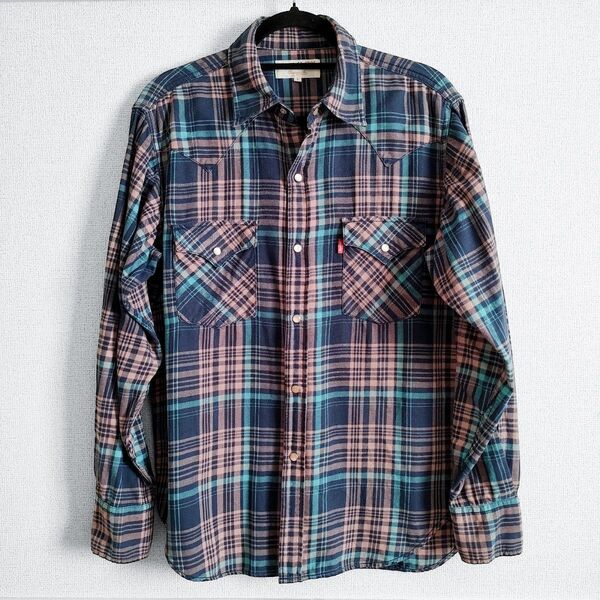 Levi's RED TAB リーバイスレッドタブ ウエスタンシャツ 長袖 チェック柄 メンズ Lサイズ 紺&橙ベージュ&水色
