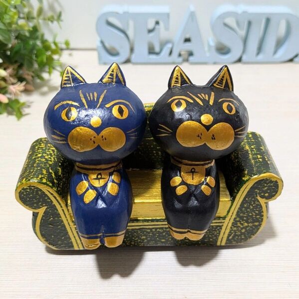 No.41 エジプシャン猫 モスグリーン/ゴールドソファーセット 木彫り猫 猫の置物 バリ雑貨