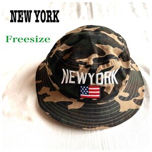 NEW YORK バケットハット 迷彩柄 ロゴ 刺繍 フリーサイズ ユニセックス