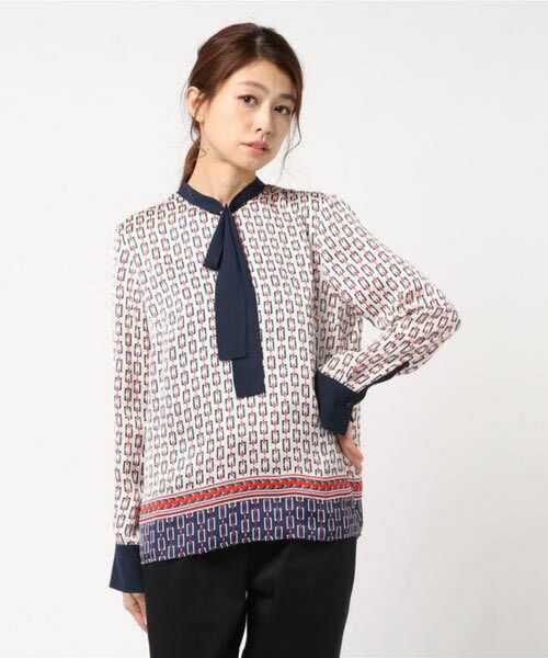 美品 allureville アルアバイル ボーダージオメトリックボウタイブラウス フリーサイズ とろみ