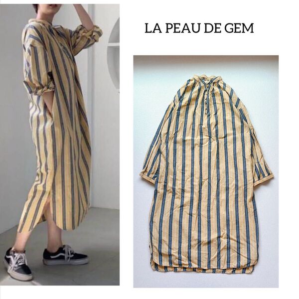 la peau de gem. ラポドゥジェム リネン混ストライプワンピース ノーカラー