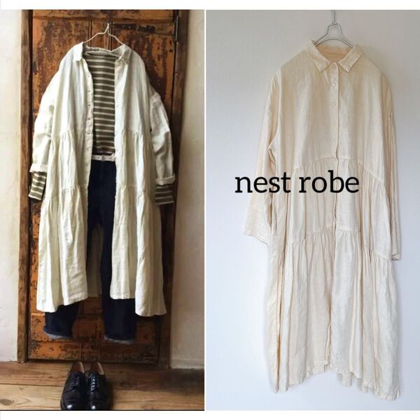 美品 nest Robe ネストローブ リネンティアードワンピース ロング 長袖 シャツ 羽織