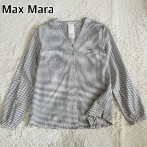S MAX MARA エスマックスマーラ ノーカラー 長袖シャツ ブラウス チェック ポイント刺繍 40 Lサイズ