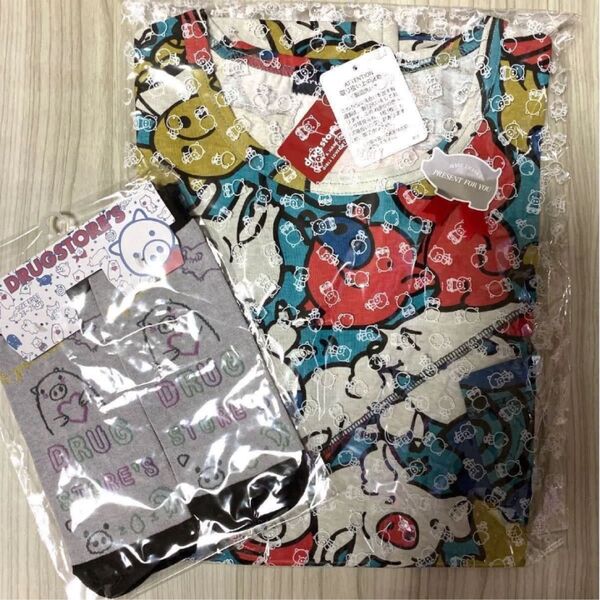drug store's ブタちゃん総柄TシャツFサイズ ☆ハートンの靴下プレゼント☆ ★即日発送致します★