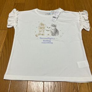 猫イラストフリル袖Tシャツ 130
