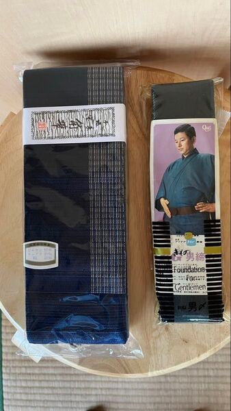 未使用 男帯 角帯 兵児帯 2点セット ネイビー系 和装小物