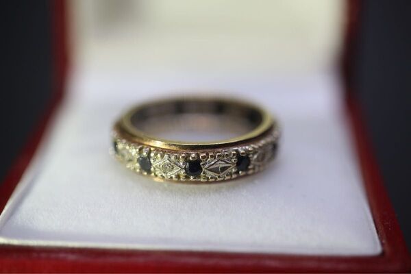 ビンテージ 英国 天然 ブルーサファイア ダイアモンド ゴールド 9CT 指輪 リング 純金率 375 J193