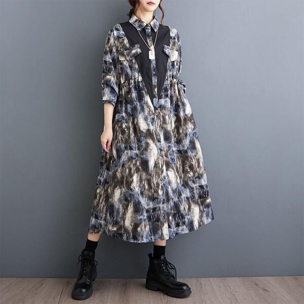 シャツワンピース 白黒 デザインワンピース ゆったり
