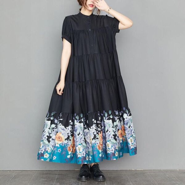 プーリツ ブルー 花柄 レトロ 半袖ロングワンピース ワンピース ロング丈 マキシ丈ワンピース 体型カバー マタニティ