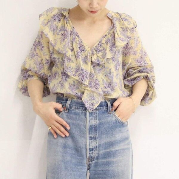 美品『Plage』プラージュ リーフ プリント ラッフルフリル コットン ブラウス 長袖 総柄 フリル シャツ トップス エアリー