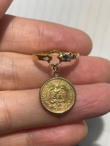 1945年 メキシコ イーグル金貨 コインリング ダイヤモンド サファイア 18k 21.6k 3.6g 美品 11号