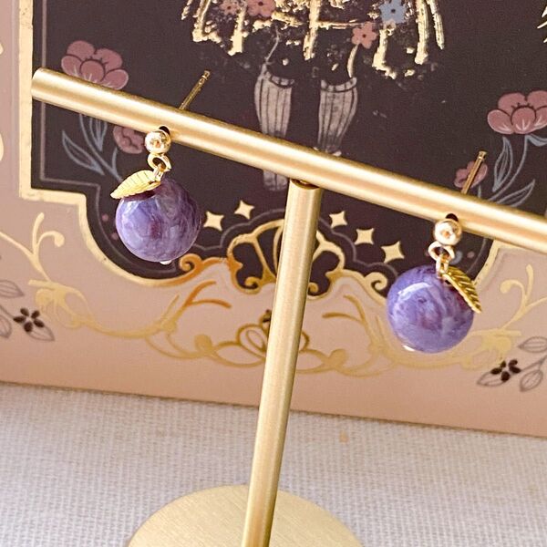 18KGP☆チャロアイト☆林檎の天然石ピアス10mm☆イヤリング